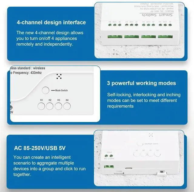 Alt view image 3 of 4 - 4CH Zigbee Light Switch Module AC 85-250V RF433 Receive 10A Relays Work With Alexa Assistant,Tuya Life
