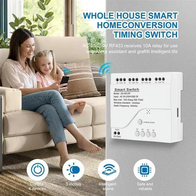 Alt view image 4 of 4 - 4CH Zigbee Light Switch Module AC 85-250V RF433 Receive 10A Relays Work With Alexa Assistant,Tuya Life