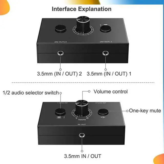 Main image of 4X 3.5Mm Audio Switcher, 2 Input 1 Output/1 Input 2 Output Audio Splitter Switcher, One-Key Mute Button