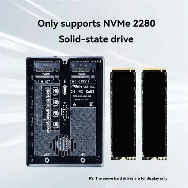 Alt view image 2 of 3 - Dual Bay Nvme SSD Enclosure USB3.2 Gen2 Type-C M. 2 2280 Hard Drive Case 20Gbps External Hard Disk Case Box US PLUG