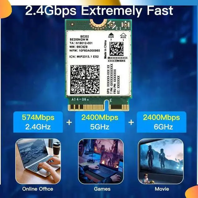Alt view image 4 of 4 - BE202 7 Card +2X10db Antenna 2.4/5/6G Tri-Band 5374M Gigabit Card Bluetooth 5.4