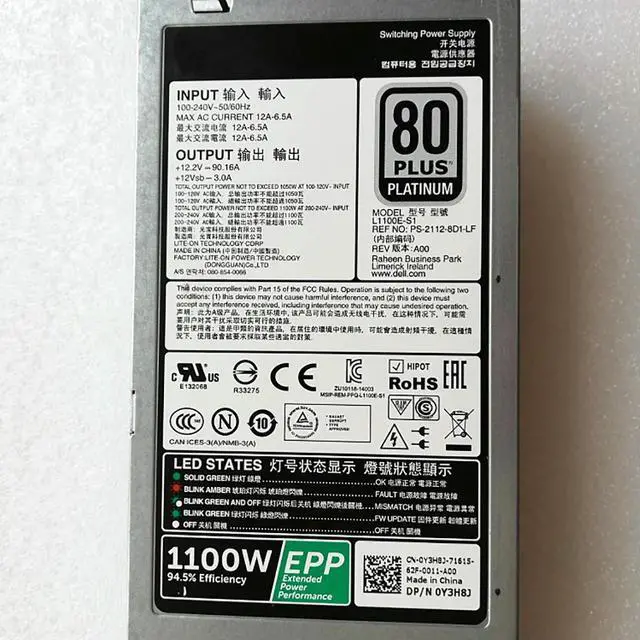 Alt view image 4 of 7 - For R630 R730 1100W Server Power Supply Y3H8J 0Y3H8J D1100E-S1 L1100E-S1