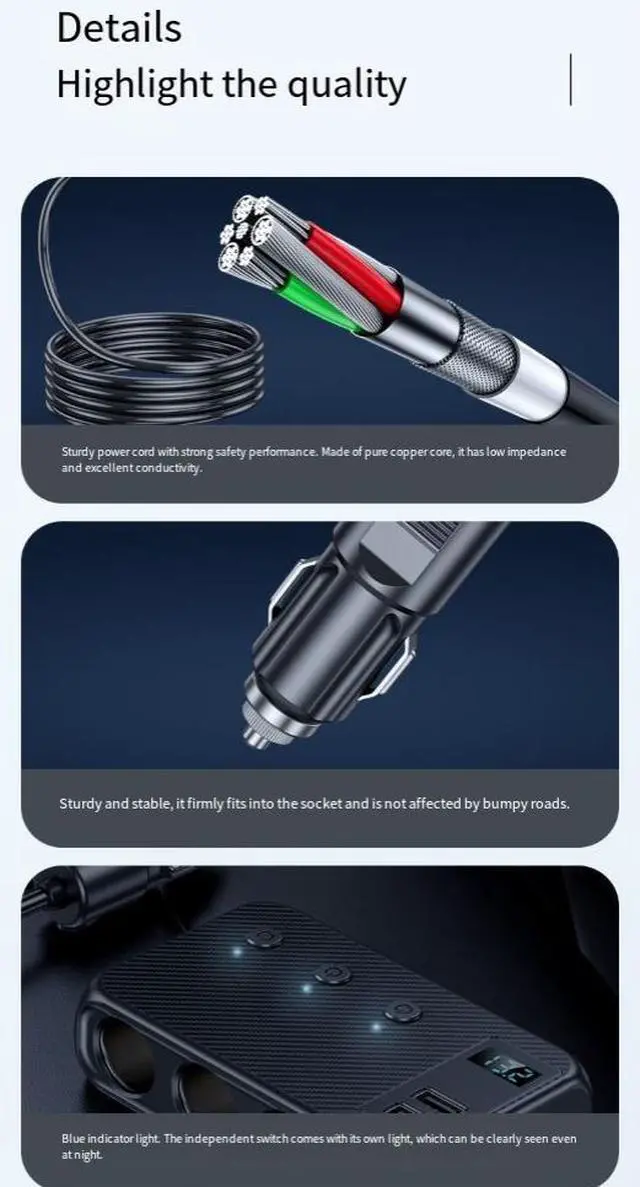Alt view image 4 of 7 - DIXSG three-in-one car cigarette lighter features a multi-functional 3-USB and PD fast charging interface and a 128W car charger