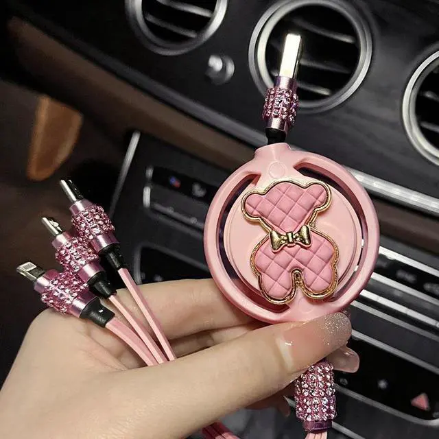Main image of DIXSG pink car charger is a three-in-one fast charging adapter with a retractable charging cable and data cable, suitable for multi-purpose vehicles