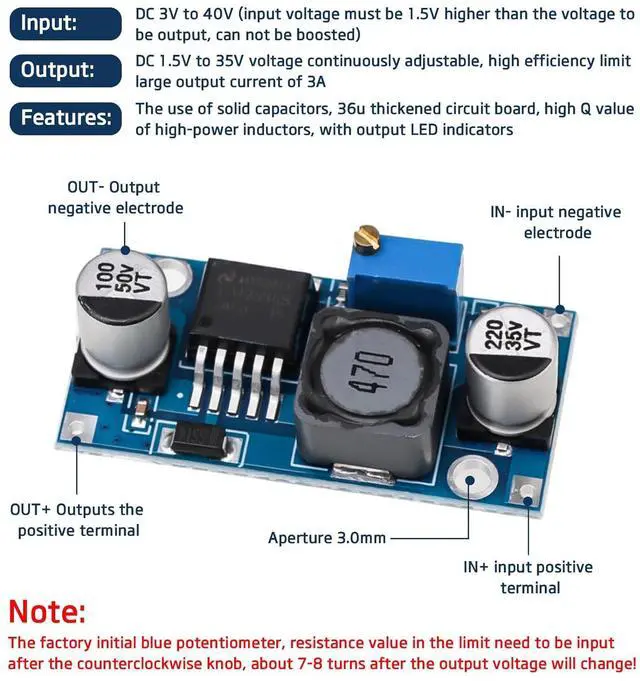 Alt view image 3 of 6 - Adjustable Buck Converter DC to DC Voltage Regulator, 5 Pack High Efficiency Power Supply Module Step Down Power Module 3.0V-40V Input to 1.5V-35V Output, 3A Max Current for DIY Electronic Projects