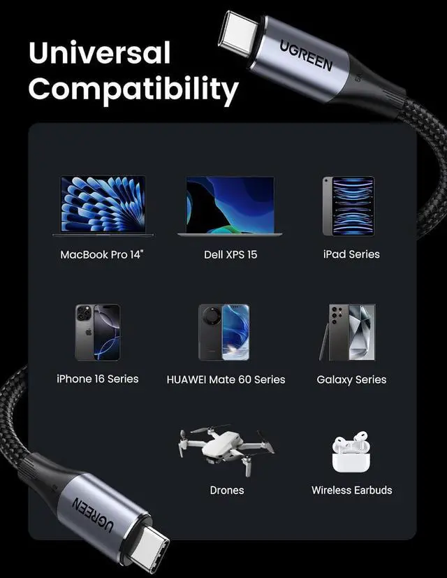 Alt view image 5 of 7 - UGREEN USB C to USB C 3.2 Gen 2 Cable, 4K Video Monitor Display USB C Cable 10Gbps Data Transfer, 240W PD Fast Charging for iPhone 16/15, Samsung Galaxy S24/S23, MacBook Pro, iPad Pro, Dell XPS, 3.3FT