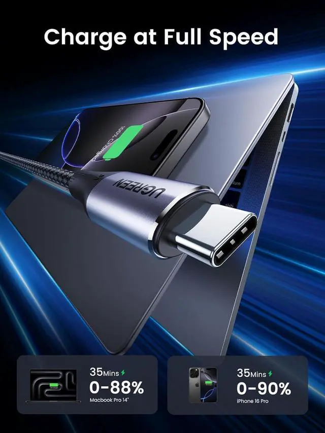 Alt view image 2 of 7 - UGREEN USB C to USB C 3.2 Gen 2 Cable, 4K Video Monitor Display USB C Cable 10Gbps Data Transfer, 240W PD Fast Charging for iPhone 16/15, Samsung Galaxy S24/S23, MacBook Pro, iPad Pro, Dell XPS, 3.3FT