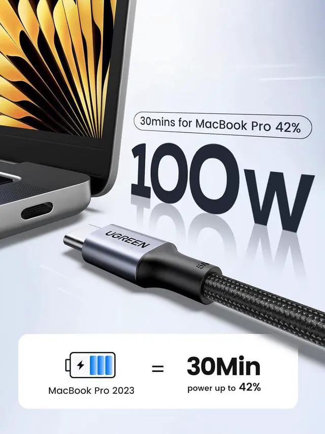Alt view image 2 of 7 - UGREEN USB C to USB C Cable, 100W 2-Pack USB C Charger Cable for iPhone 16/16 Plus/16 Pro/16 Pro Max/15, MacBook Pro, iPad Pro, Dell XPS, Samsung Galaxy S24/S23/S22 Ultra, Switch, Pixel, 6.6FT Black