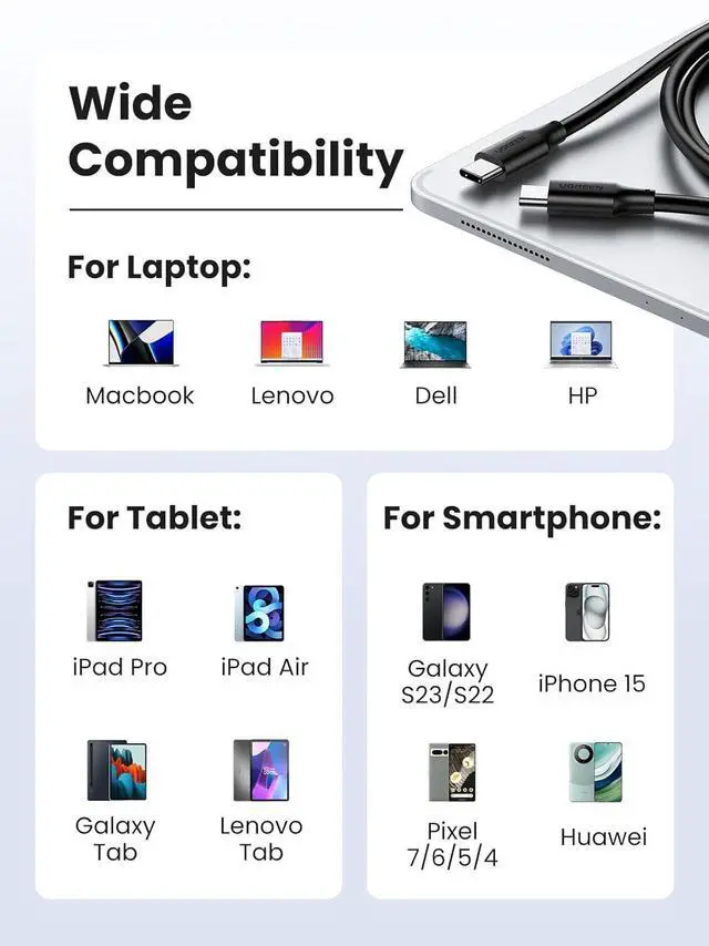 Alt view image 5 of 7 - UGREEN 100W 3-Pack USB C Cable, Fast Charging USB-C Charger Cable Compatible with iPhone 16/16 Plus/16 Pro/16 Pro Max/15, MacBook Pro 2022, iPad Pro 2022, Galaxy S24/S23 Ultra, Pixel, 6.6FT