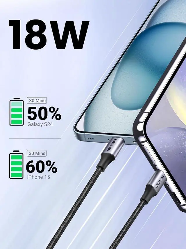 Alt view image 2 of 7 - UGREEN USB to USB C Cable, Car Carplay Cable USB A to Type C Cable Fast Charging Braided USB C Cord Compatible with iPhone 16/16 Plus/16 Pro/15, Samsung Galaxy S24/S23, Pixel 8/7, 3.3FT
