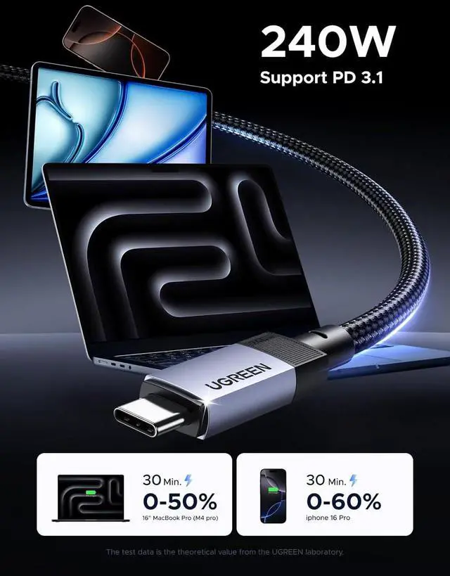Alt view image 4 of 7 - UGREEN 240W USB C Cable Gen2 10Gbps USB 3.2, 4K 60Hz Video Output Fast Charging Compatible with iPhone 16/15/14 Pro Max, NVMe SSD, Monitor, Galaxy S25/S24/S23 Ultra, MacBook Pro, 3.3FT