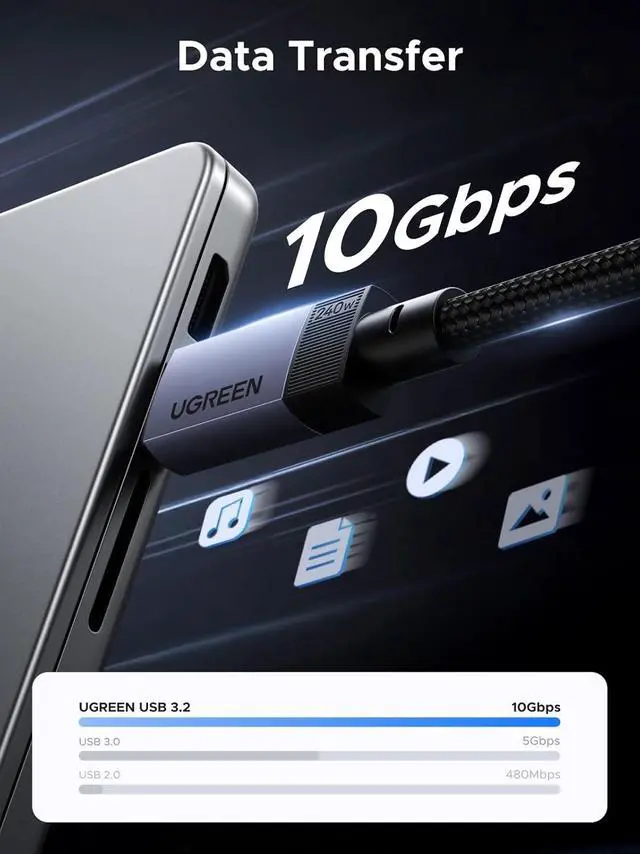 Alt view image 2 of 7 - UGREEN 240W USB C Cable Gen2 10Gbps USB 3.2, 4K 60Hz Video Output Fast Charging Compatible with iPhone 16/15/14 Pro Max, NVMe SSD, Monitor, Galaxy S25/S24/S23 Ultra, MacBook Pro, 3.3FT