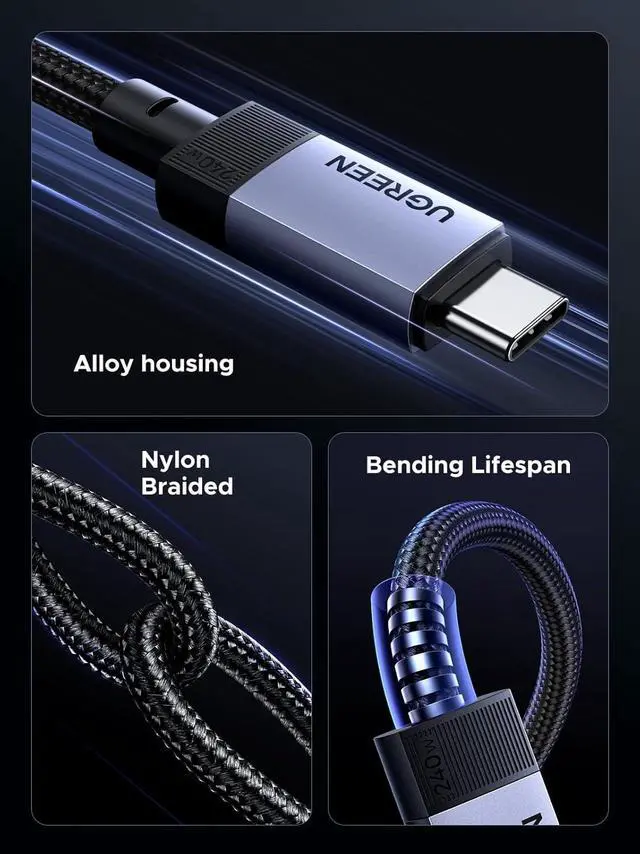 Alt view image 5 of 7 - UGREEN 240W USB C Cable, 40Gbps USB C to USB C Cable USB4.0 GEN3 8K 60Hz PD 3.1 Video Cable Compatible with USB C Monitors, Hubs, Docks, MacBook Air, iPhone 16/15 Pro Max, Galaxy S25/S24 Ultra, 3.3FT