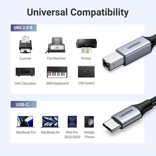 Alt view image 4 of 7 - UGREEN USB B to USB C 6 FT Printer Cable, Nylon USB B to C Cord for MacBook Pro/Air, MIDI Cable Compatible with Yamaha Piano Keyboard, DAC, DJ Controller for iPad