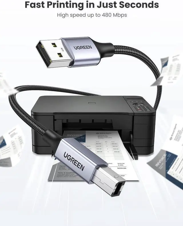 Alt view image 3 of 7 - UGREEN USB Printer Cable 15FT Bundle with 6.6FT USB A-Male to B-Male Cord Scanner Cord Nylon Braided Compatible with HP, Epson, Canon, Dell, Brother, Lexmark, Xerox, Samsung, Piano, DAC and More