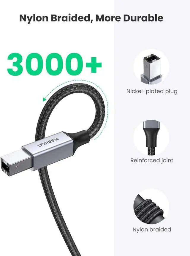 Alt view image 2 of 7 - UGREEN USB Printer Cable 15FT Bundle with 6.6FT USB A-Male to B-Male Cord Scanner Cord Nylon Braided Compatible with HP, Epson, Canon, Dell, Brother, Lexmark, Xerox, Samsung, Piano, DAC and More