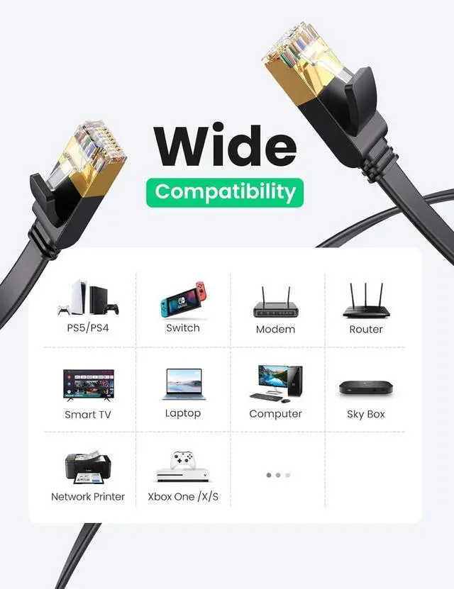 Alt view image 4 of 7 - UGREEN Cat 7 Ethernet Cable, 10FT Ethernet Cable with 10Gbps High Speed, 100% Pure Copper Wire and Gold-Plated Connectors, Flat Design, Compatible with Gaming PS5/4/3 Xbox PC Laptop Modem Router