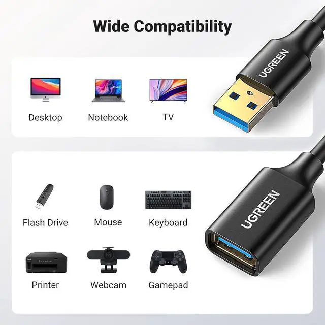 Alt view image 6 of 7 - UGREEN USB 3.0 Extension Cable USB 3.0 Male A to Female A 5Gbps Compatible with Gamepad USB Flash Drive USB Hub External Hard Drive Keyboard Printer Webcam, 1 m