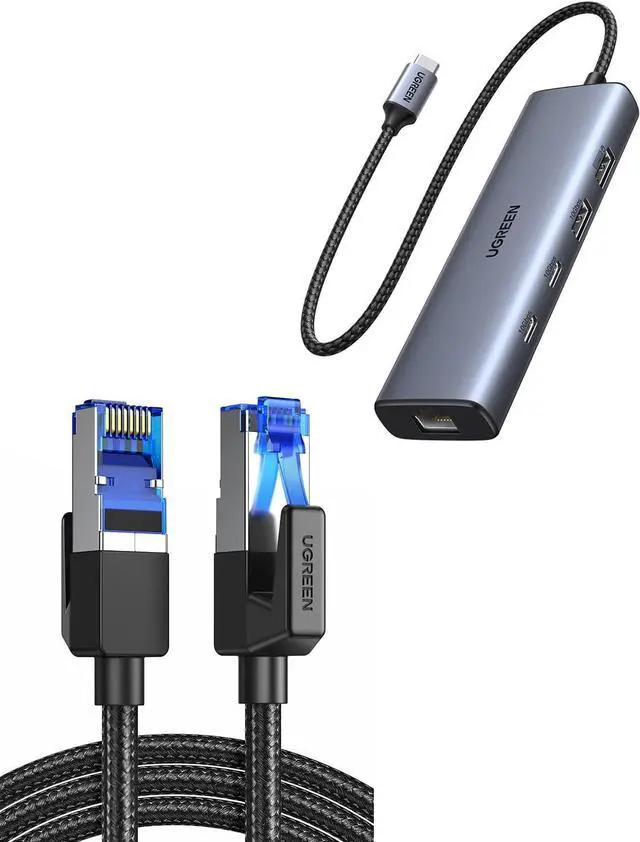 Main image of UGREEN Cat 8 Ethernet Cable 6FT Bundle with 5-in-1 USB C 3.2 Hub Ethernet Adapter