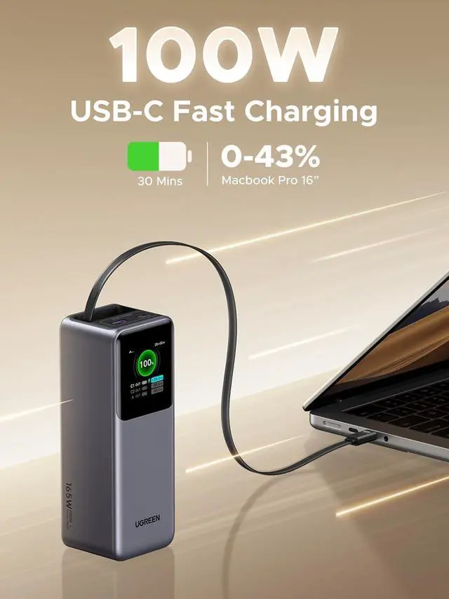 Alt view image 2 of 7 - UGREEN Nexode Power Bank 20000mAh 165W with Built-in USB C Cable Laptop Travel Portable Charger, 100W Input, Fast Charging for MacBook Pro/Air/iPhone 16/iPad Pro/Galaxy S25 Ultra/Dell/HP and More