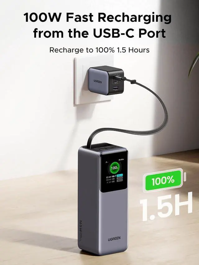 Alt view image 7 of 7 - UGREEN Nexode Power Bank 20000mAh 165W with Built-in USB C Cable Laptop Travel Portable Charger, 100W Input, Fast Charging for MacBook Pro/Air/iPhone 16/iPad Pro/Galaxy S25 Ultra/Dell/HP and More