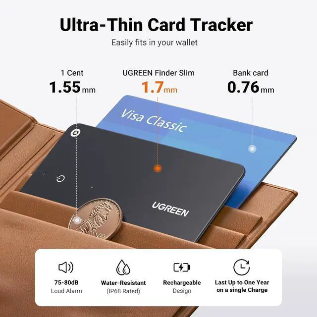 Alt view image 2 of 7 - UGREEN FineTrack Slim Smart Finder Compatible with Apple Find My (iOS Only), 1.7mm Ultra-Slim Wallet Finder, IP68 Waterproof Rechargeable Bluetooth Tracker Card for Wallet, Key, Luggage Tags