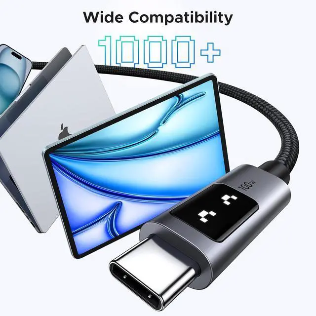 Alt view image 4 of 7 - UGREEN Uno USB C to USB C Cable 100W Fast Charging Cable Type C Charging Cord with LED Display for iPhone 16/16 Plus/16 Pro/16 Pro Max/15, MacBook Pro/Air, iPad Pro/Air, Galaxy S24 Ultra 6.6FT Black