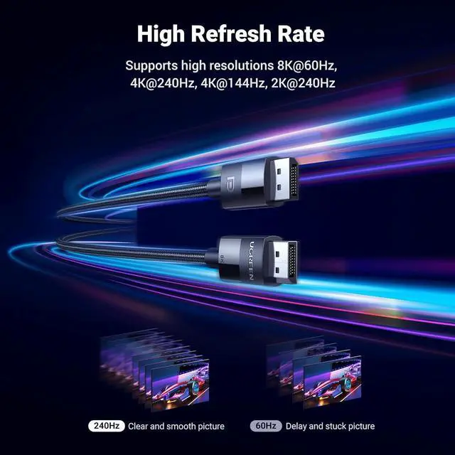 Alt view image 3 of 7 - UGREEN VESA Certified 8K DisplayPort Cable 6.6FT, DP 1.4 Displayport to Displayport Cable Support 8K@60Hz, 4K@240Hz, FreeSync, G-Sync, HDR, 32.4Gbps for HDTVs, Displays, Monitors, Graphics, PC