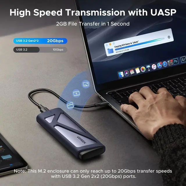 Alt view image 2 of 7 - UGREEN 20Gbps M.2 NVMe SATA SSD Enclosure, 8TB USB C External NVMe M.2 Enclosure Compatible with USB 3.2 Gen2*2 Support UASP Trim for M/B+M Key SSD in Size of 2230/2242/2260/2280