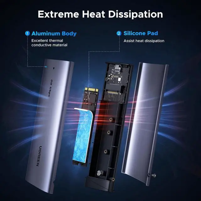 Alt view image 3 of 7 - UGREEN 20Gbps M.2 NVMe SATA SSD Enclosure, 8TB USB C External NVMe M.2 Enclosure Compatible with USB 3.2 Gen2*2 Support UASP Trim for M/B+M Key SSD in Size of 2230/2242/2260/2280