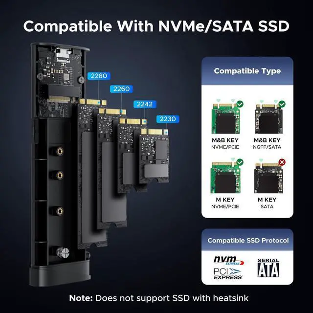 Alt view image 5 of 7 - UGREEN 20Gbps M.2 NVMe SATA SSD Enclosure, 8TB USB C External NVMe M.2 Enclosure Compatible with USB 3.2 Gen2*2 Support UASP Trim for M/B+M Key SSD in Size of 2230/2242/2260/2280