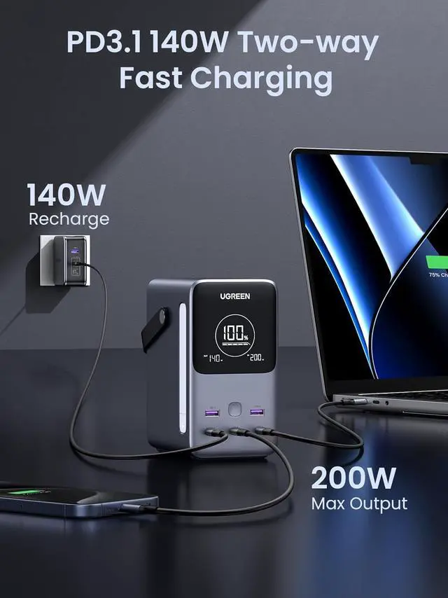 Alt view image 5 of 7 - UGREEN 300W 48,000mAh Portable Charger Power Bank with Smart Digital Display, Lighting and SOS Mode, 153Wh 5 Ports USB C Battery Pack for Outdoor Camping and Home Backup for Laptop and More