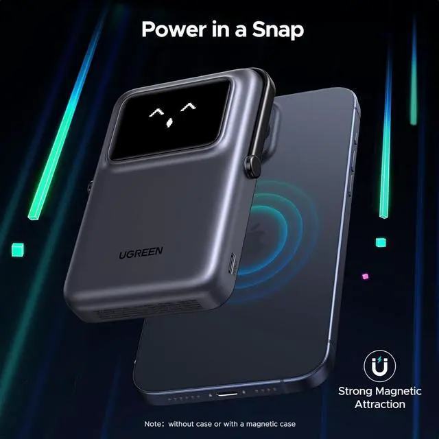 Alt view image 2 of 7 - UGREEN Uno 10000mAh Magnetic Portable Charger, Qi 7.5W Wireless Power Bank, PD 20W USB C Battery Pack with Foldable Stand and TFT Display MagSafe Compatible iPhone 16/15 /14/13/12 Series, Black