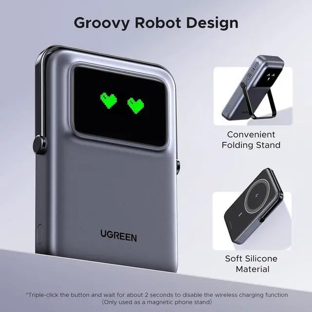 Alt view image 5 of 7 - UGREEN Uno 10000mAh Magnetic Portable Charger, Qi 7.5W Wireless Power Bank, PD 20W USB C Battery Pack with Foldable Stand and TFT Display MagSafe Compatible iPhone 16/15 /14/13/12 Series, Black