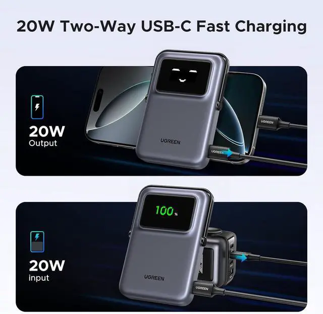 Alt view image 3 of 7 - UGREEN Uno 10000mAh Magnetic Portable Charger, Qi 7.5W Wireless Power Bank, PD 20W USB C Battery Pack with Foldable Stand and TFT Display MagSafe Compatible iPhone 16/15 /14/13/12 Series, Black