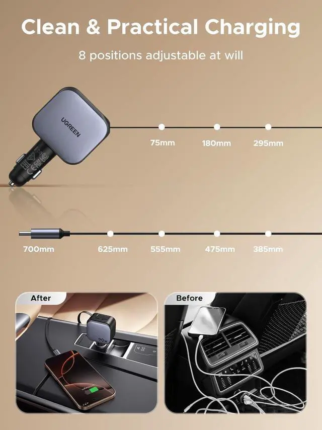Alt view image 5 of 7 - UGREEN 90W Retractable Car Charger, 3 in 1 USB C Car Phone Charger Fast Charging with Type C Cable, Cigarette Lighter Adapter Compatible with MacBook, iPhone 16 15 Pro Max, Galaxy S25 S24 Ultra, iPad