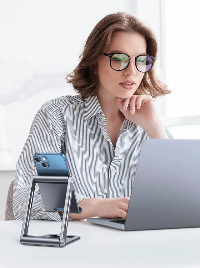 Alt view image 2 of 7 - UGREEN Phone Stand for Desk Cell Phone Holder Adjustable Compatible with iPhone 15/14/13/12 Pro Max/11/XS Max/XR/X/8 Plus/Nintendo Switch, Aluminum Metal Desktop Stand Portable, Space Grey