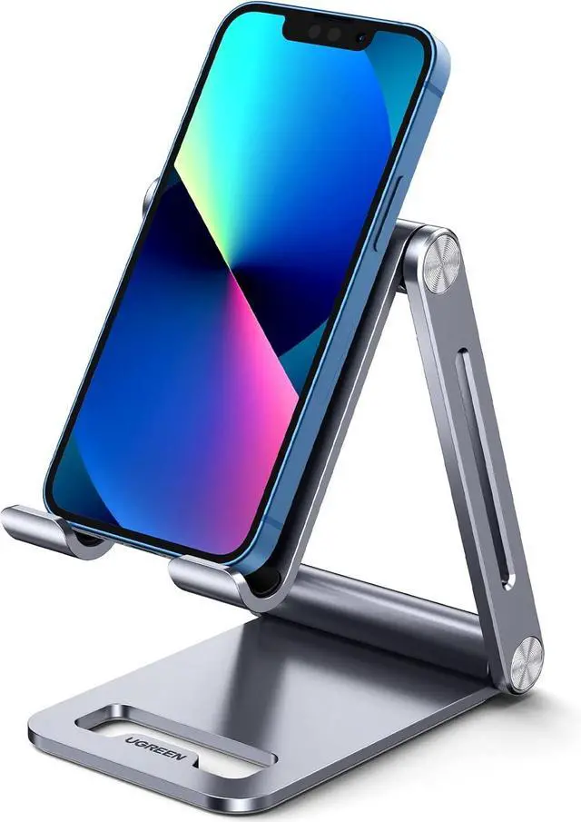 Main image of UGREEN Phone Stand for Desk Cell Phone Holder Adjustable Compatible with iPhone 15/14/13/12 Pro Max/11/XS Max/XR/X/8 Plus/Nintendo Switch, Aluminum Metal Desktop Stand Portable, Space Grey