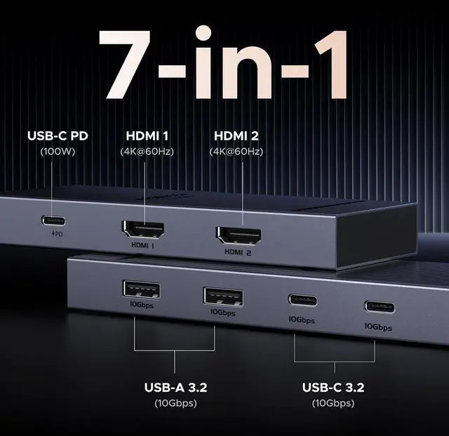 Alt view image 2 of 7 - UGREEN Revodok Pro 7 in 1 Docking Station Dual Monitor, USB C Hub Dual 4K@60Hz HDMI Display, 10Gbps USB-A/C Data Ports, 100W PD, Aluminum Laptop Docking Station for HP, Thinkpad, Dell and More