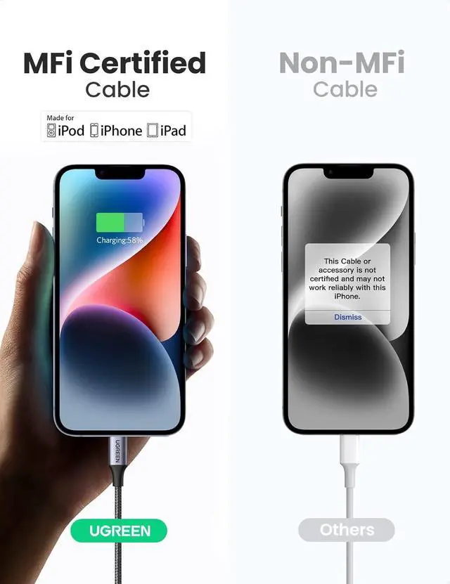 Alt view image 3 of 7 - UGREEN USB C to Lightning Cable 6FT - MFi Certification Lightning Cable Compatible with iPhone 14/14 Pro/14 Pro Max, iPhone 13/12/11/X/XR/XS/8 Series, iPad 9, AirPods Pro, and More