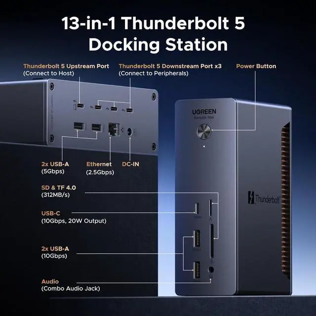 Alt view image 2 of 7 - UGREEN Revodok Max 2131 Thunderbolt 5 Dock, 13-in-1, 120Gbps Transfer, Single 8K, Dual 6K60Hz Display, 140W Max Charging, 2.5GbE, SD/TF 4.0, for Thunderbolt 5/4 MacBooks and Windows Laptops