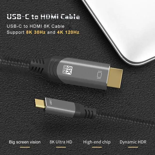 Alt view image 5 of 7 - USB C to HDMI 2.1 Cable 3.3FT, 8K@60Hz 48Gbps, 4K@120Hz, Thunderbolt 3/4 & USB4 Compatible, for MacBook Pro/Air, iPad Pro, Samsung, UHD TV, Projector, Monitor