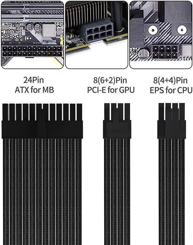 Alt view image 5 of 6 - 30CM Black Sleeved PSU Cable Extension Kit - 24Pin ATX / 8Pin EPS / 8Pin PCI-E (6+2) Power Supply Cables with Combs - 18AWG for PC Gaming, Modular PSU, Cable Management