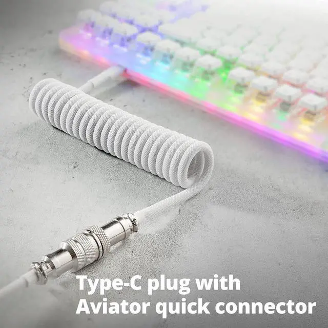 Alt view image 2 of 7 - DIXSG Custom Coiled USB-C Cable for Mechanical Gaming Keyboard, Double-Sleeved with Detachable Metal Aviator Connector, 1.5M USB-C to USB-A, White