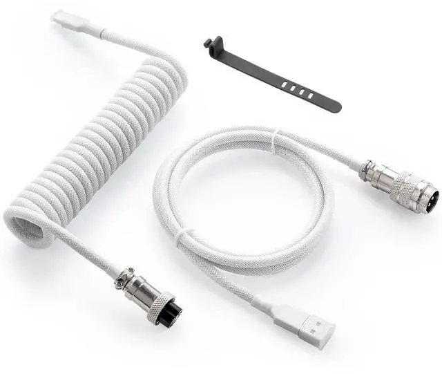 Main image of DIXSG Custom Coiled USB-C Cable for Mechanical Gaming Keyboard, Double-Sleeved with Detachable Metal Aviator Connector, 1.5M USB-C to USB-A, White