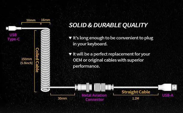 Alt view image 4 of 7 - DIXSG Custom Coiled USB-C Cable for Mechanical Gaming Keyboard, Double-Sleeved with Detachable Metal Aviator Connector, 1.5M USB-C to USB-A, White