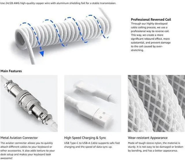 Alt view image 7 of 7 - DIXSG Custom Coiled USB-C Cable for Mechanical Gaming Keyboard, Double-Sleeved with Detachable Metal Aviator Connector, 1.5M USB-C to USB-A, White