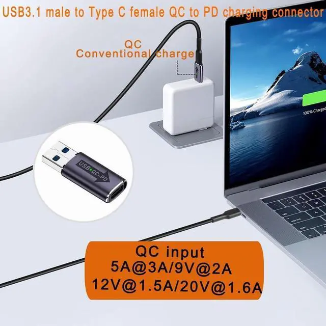 Alt view image 5 of 7 - DIXSG 2-Pack USB 3.1 Male to USB-C Female PD Adapters, Quick Charge to USB-C Converter, Fast Charging Alloy Connector, Grey