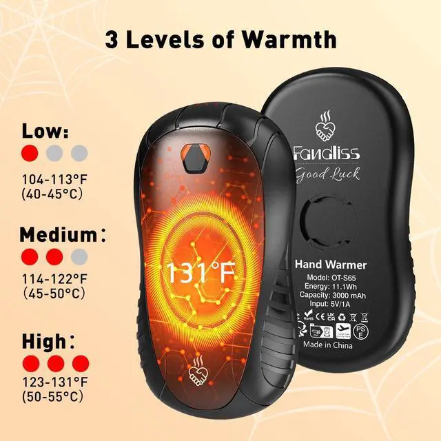 Alt view image 3 of 7 - 2 Pack Hand Warmers Rechargeable 6000mAh Electric Portable Hand Warmers 2 in 1 FANDLISS Electric Portable Pocket Heater with 12Hrs & 3 Level Warmth Gift, Outdoor, Women Men Gift, Black