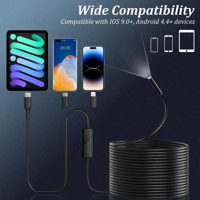 Alt view image 6 of 7 - Endoscope Camera with Light, 1920P HD Borescope Camera with 8 Adjustable LED Lights, 32.8ft Semi-Rigid Snake Camera with Light, IP67 Waterproof 7.9mm Inspection Camera for iOS and Android